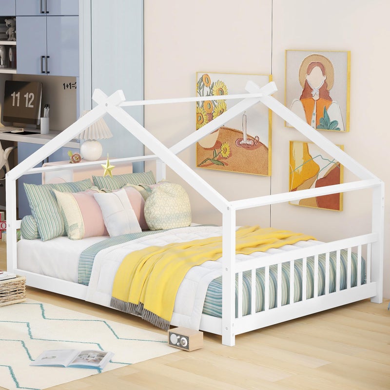 Bellemave Full House Beds Wood Montessori Bed Frame Floor Bed Kids Platform Bed with Headboard  Footboard No Box Spring Needed White