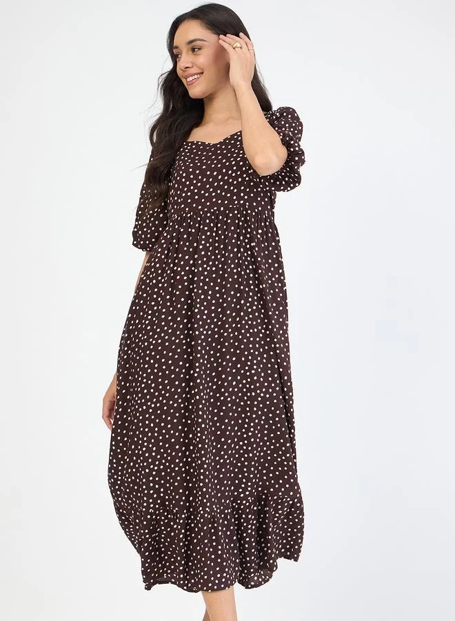 Femmella Women Brown Polka Sweetheart Neckline Maxi Dress