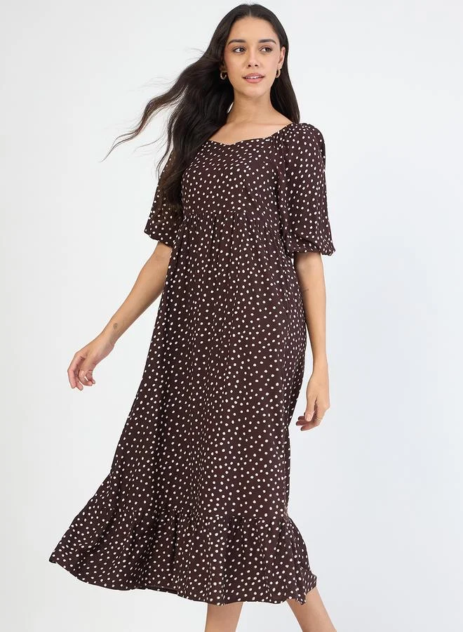 Femmella  Women Brown Polka Sweetheart Neckline Maxi Dress for Women | Best Price UAE