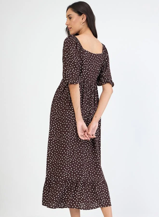 Femmella Women Brown Polka Sweetheart Neckline Maxi Dress