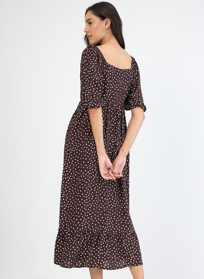 Femmella Women Brown Polka Sweetheart Neckline Maxi Dress - Image 2