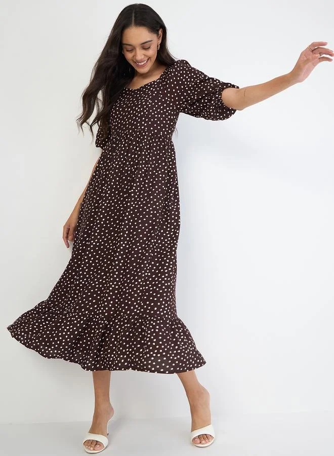 Femmella  Women Brown Polka Sweetheart Neckline Maxi Dress for Women | Best Price UAE