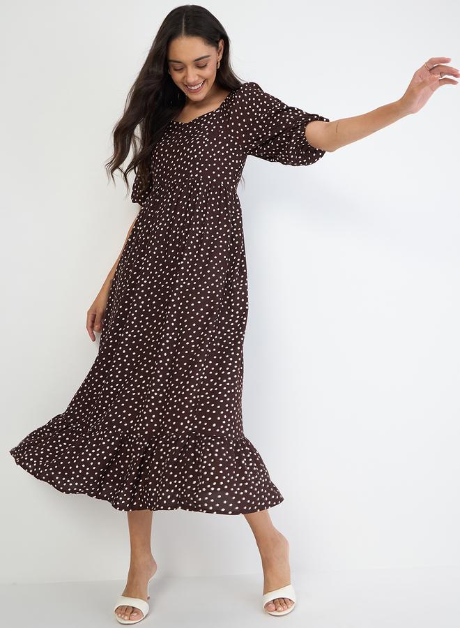 Femmella Women Brown Polka Sweetheart Neckline Maxi Dress - Image 5