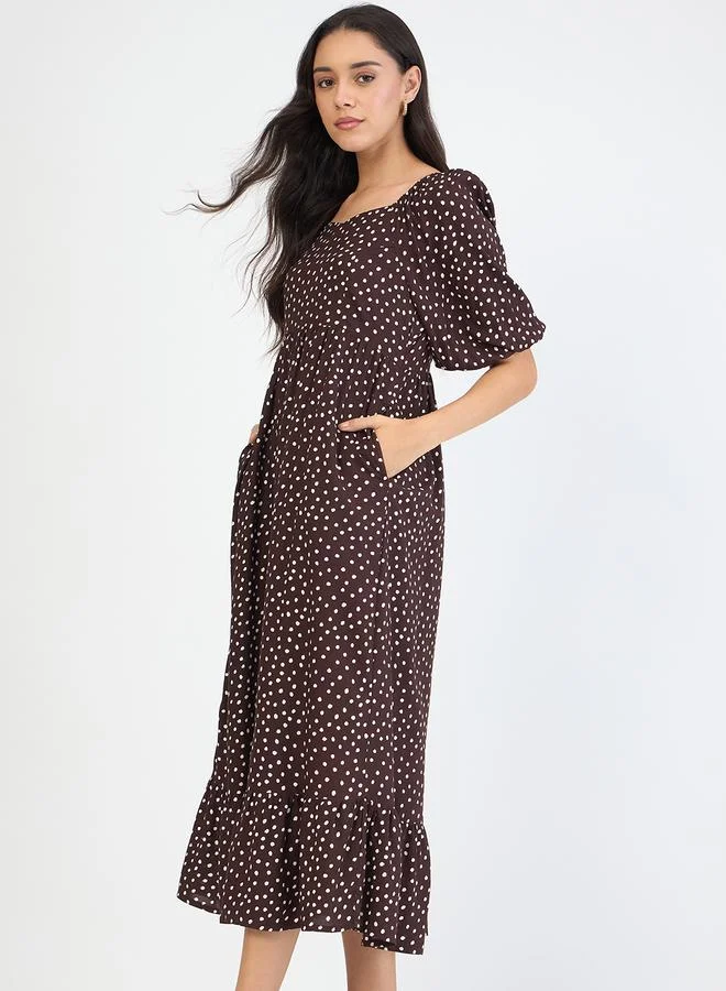 Femmella  Women Brown Polka Sweetheart Neckline Maxi Dress for Women | Best Price UAE