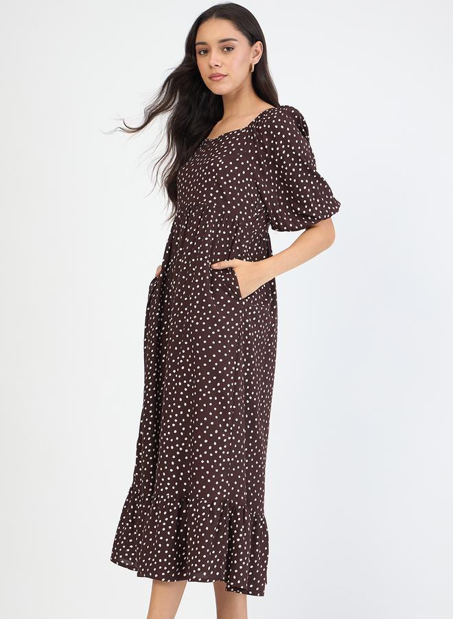 Femmella Women Brown Polka Sweetheart Neckline Maxi Dress - Image 3