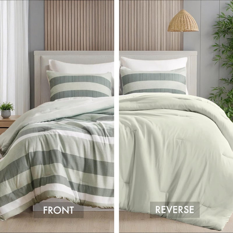 Regency Heights King Comforter Set, 3 Pieces Striped Bed Set, Soft Brushed Microfiber Reversible Bedding Set for All Season, Lightweight & Breathable Bedding Set with Comforter & Shams, Sage Green - Image 3