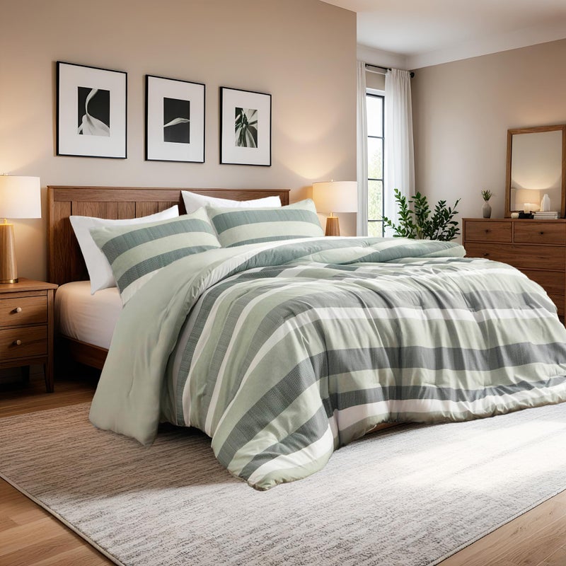 Regency Heights King Comforter Set, 3 Pieces Striped Bed Set, Soft Brushed Microfiber Reversible Bedding Set for All Season, Lightweight & Breathable Bedding Set with Comforter & Shams, Sage Green - Image 1