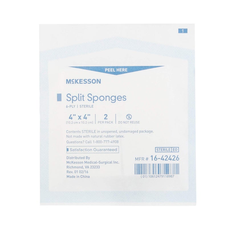 McKesson Split Sponges 6Ply Sterile IV and Tracheostomy Dressings PolyesterRayon Blend 4 in x 4 in 25 Packs of 2 50 Total