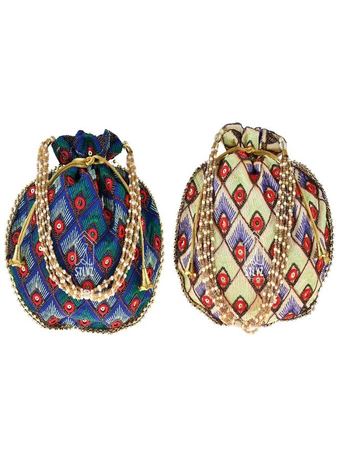 STLYZ Traditional Embroidered Potli Bag For Women, Feather Design Potli Handbag Wristlets Ethnic Bridal Potli Batwa Bag For Ladies For Wedding Return Gifts (FeatherPotli_Packof2) - Image 1