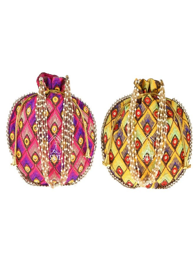 STLYZ Traditional Embroidered Potli Bag For Women, Feather Design Potli Handbag Wristlets Ethnic Bridal Potli Batwa Bag For Ladies For Wedding Return Gifts (FeatherPotli_Packof2) - Image 2