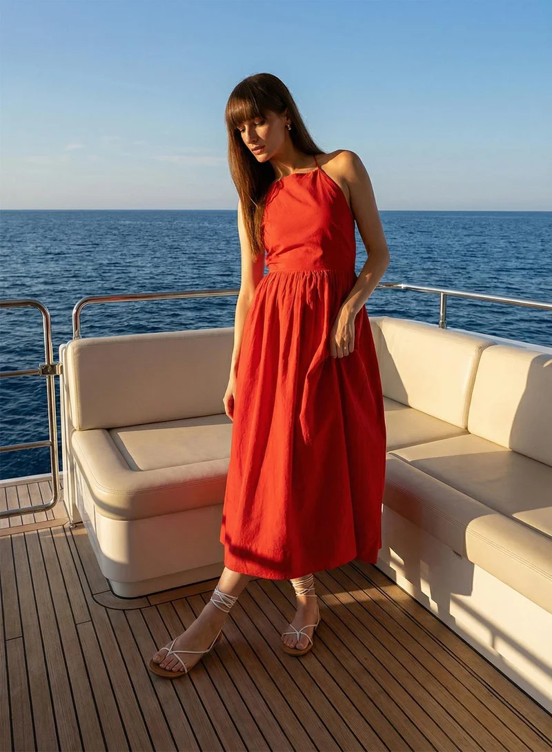 دينيس لينغو Red 100% Poplin Solid Print Midi Wrap Flared Dress For Women