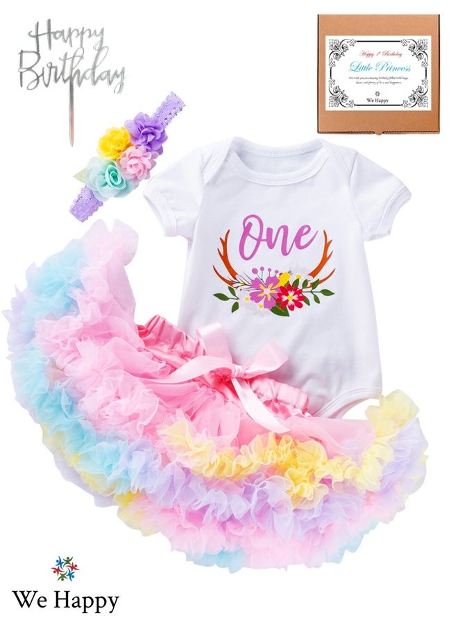 We Happy - 4 Pieces 1st Birthday Baby Girl Costume Set Newborn Princess Dress for Theme Party Photoshoot Unicorn Bodysuit with Tutu Skirt, Cake Topper and Floral Headband - Image 1