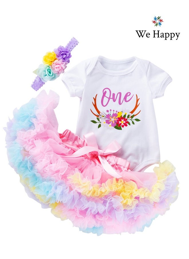 We Happy - 4 Pieces 1st Birthday Baby Girl Costume Set Newborn Princess Dress for Theme Party Photoshoot Unicorn Bodysuit with Tutu Skirt, Cake Topper and Floral Headband - Image 1