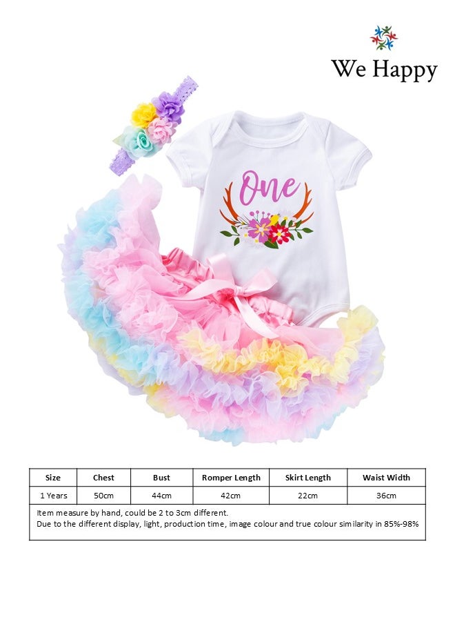 We Happy - 4 Pieces 1st Birthday Baby Girl Costume Set Newborn Princess Dress for Theme Party Photoshoot Unicorn Bodysuit with Tutu Skirt, Cake Topper and Floral Headband - Image 1