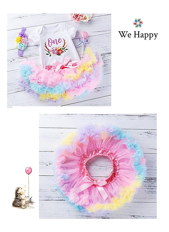 We Happy - 4 Pieces 1st Birthday Baby Girl Costume Set Newborn Princess Dress for Theme Party Photoshoot Unicorn Bodysuit with Tutu Skirt, Cake Topper and Floral Headband - Image 1