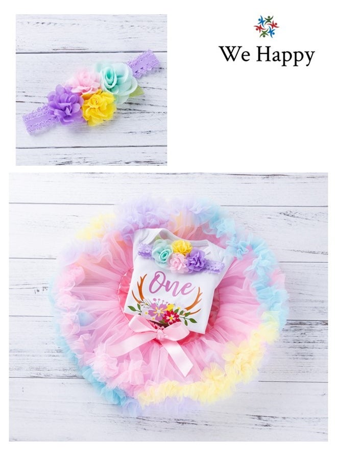 We Happy - 4 Pieces 1st Birthday Baby Girl Costume Set Newborn Princess Dress for Theme Party Photoshoot Unicorn Bodysuit with Tutu Skirt, Cake Topper and Floral Headband - Image 1