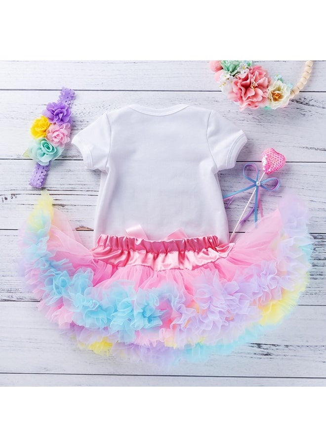 We Happy - 4 Pieces 1st Birthday Baby Girl Costume Set Newborn Princess Dress for Theme Party Photoshoot Unicorn Bodysuit with Tutu Skirt, Cake Topper and Floral Headband - Image 1