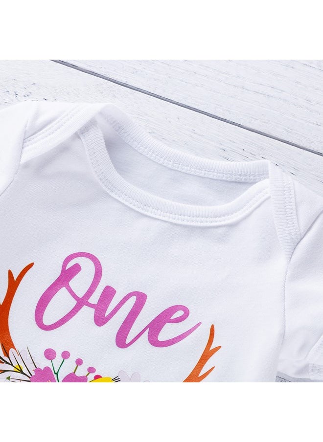We Happy - 4 Pieces 1st Birthday Baby Girl Costume Set Newborn Princess Dress for Theme Party Photoshoot Unicorn Bodysuit with Tutu Skirt, Cake Topper and Floral Headband - Image 1
