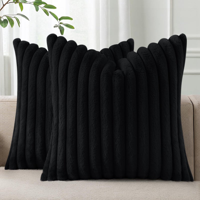 Pallene Faux Fur Plush Throw Pillow Covers 24X24 Set Of 2  Luxury Soft Fluffy Striped Decorative Pillow Covers For Sofa  Couch  Living Room  Black - Image 1