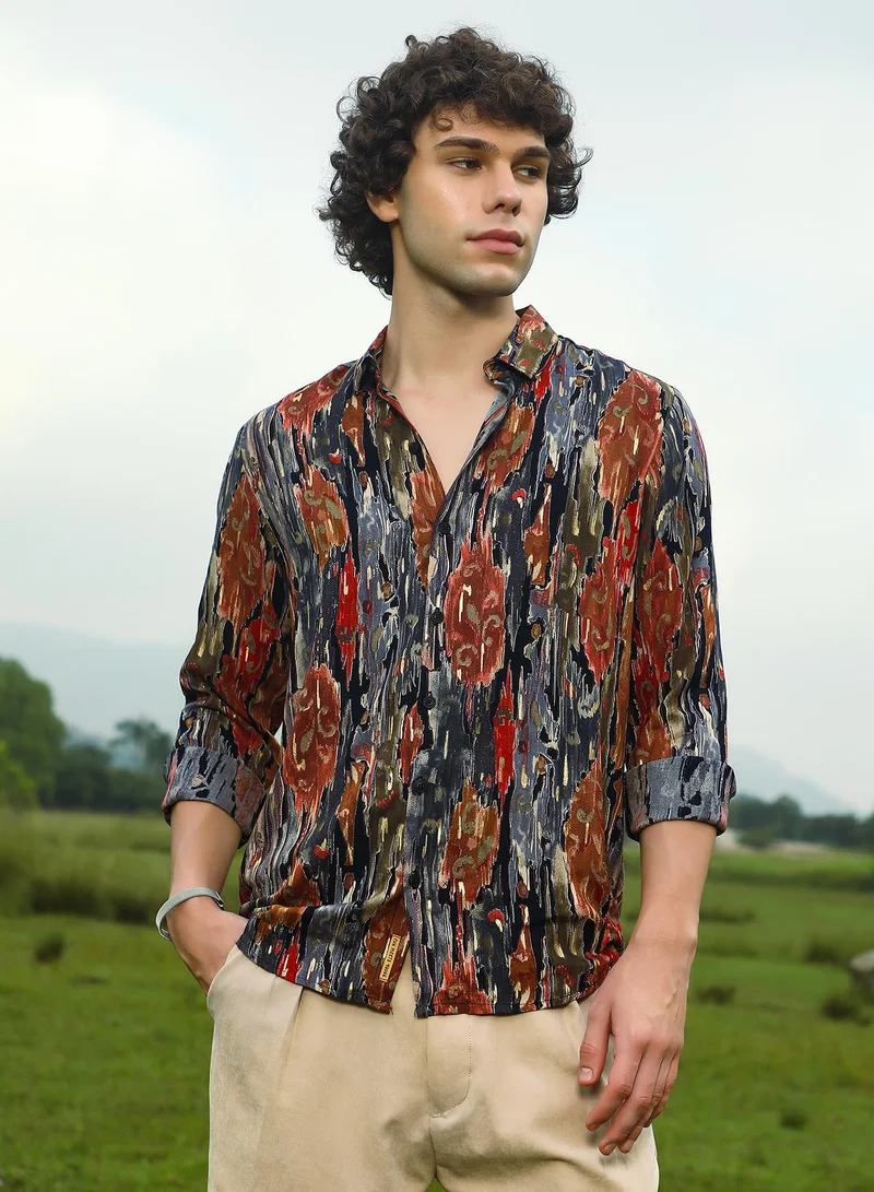كامبوس سوترا قميص رجالي بأوراق شجر متعددة الألوان باهتة