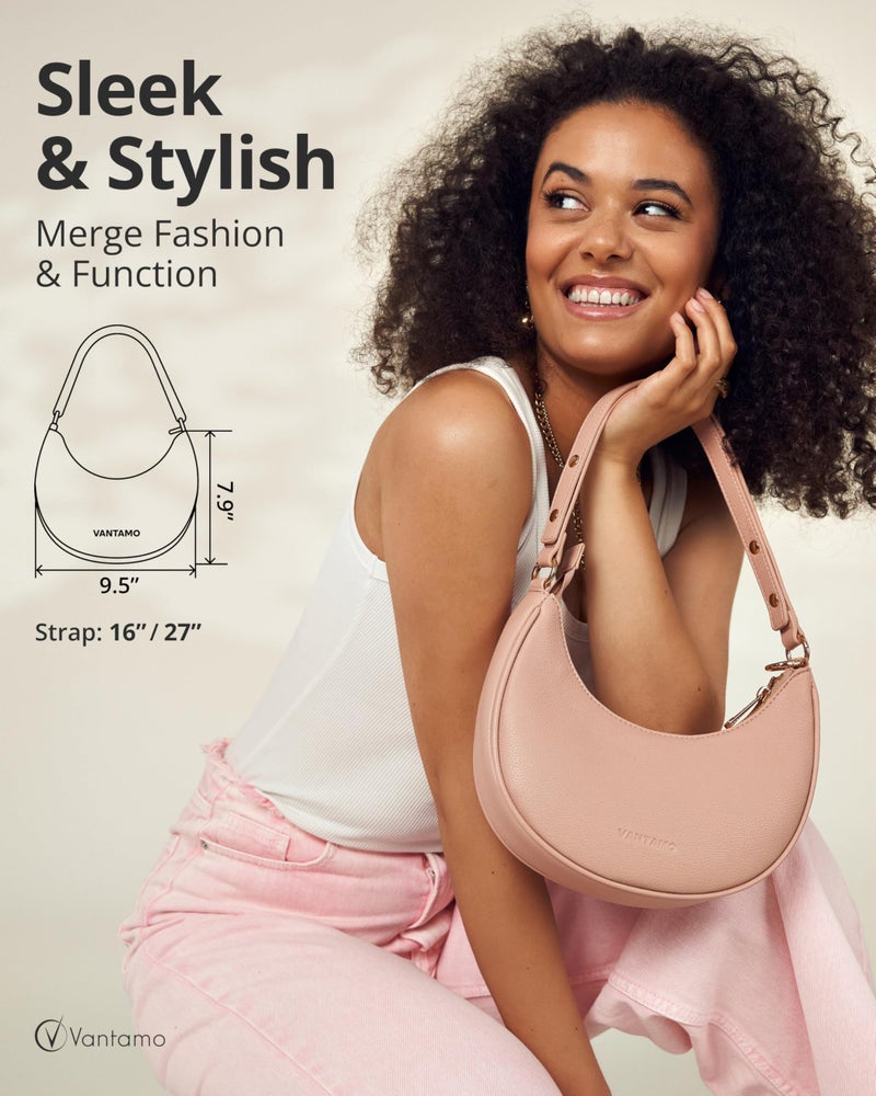 Vantamo Crescent Bags For Women with RFID Protection, Half Moon Clutch Purses for Women with Anti-Theft Clip for Extra Safety, Premium Smooth PU Leather Handbags for Work & Going Out, Light Pink Purse - Image 2