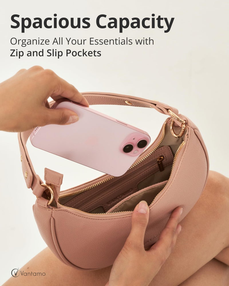 Vantamo Crescent Bags For Women with RFID Protection, Half Moon Clutch Purses for Women with Anti-Theft Clip for Extra Safety, Premium Smooth PU Leather Handbags for Work & Going Out, Light Pink Purse - Image 4