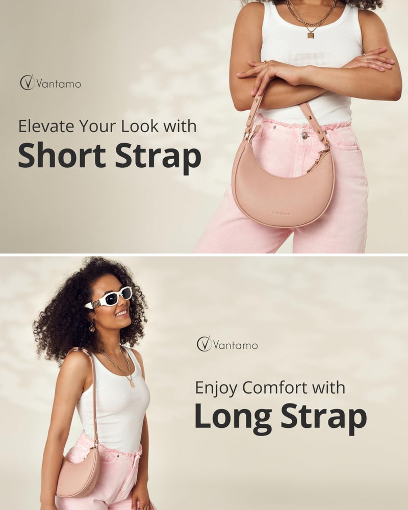 Vantamo Crescent Bags For Women with RFID Protection, Half Moon Clutch Purses for Women with Anti-Theft Clip for Extra Safety, Premium Smooth PU Leather Handbags for Work & Going Out, Light Pink Purse - Image 3