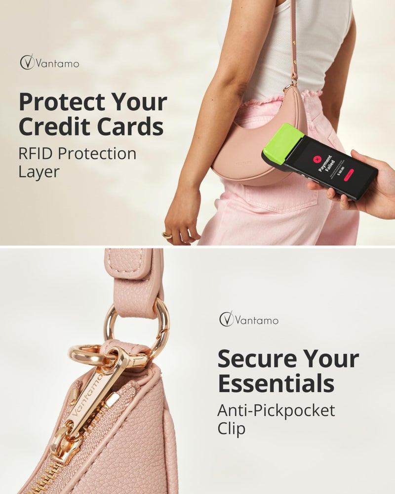 Vantamo Crescent Bags For Women with RFID Protection, Half Moon Clutch Purses for Women with Anti-Theft Clip for Extra Safety, Premium Smooth PU Leather Handbags for Work & Going Out, Light Pink Purse - Image 5