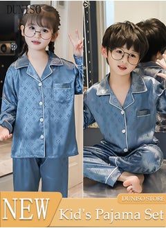 DUNISO 2 PCS kids Soft Pajamas Set Long Sleeve Silky Sleepwear Loungewear Button-Down Night Suit Home Wear Set for Summer Soft Loose Prints Nightwear for Girls and Boys  - Image 1
