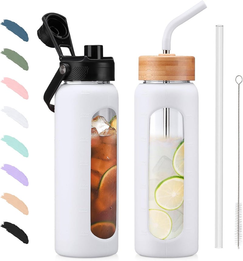 BLUEGO 700 ml Glass Water Bottle with Straw and 2 Lids, Coffee Cup with Time Marking and Silicone Protection, Glass Cup for Drinks, Soda Cola, BPA-Free, White - Image 1