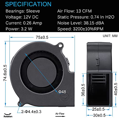 GDSTIME 75mm x 30mm 7530 DC 12 Volt Brushless Turbo Blower Cooling Fan 2Pin - Image 2