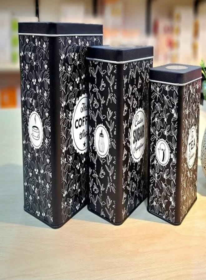 Generic Decorative Kitchen Storage Tins, Set of 3, Black Floral Pattern, Tea Coffee Sugar Canisters .mk
