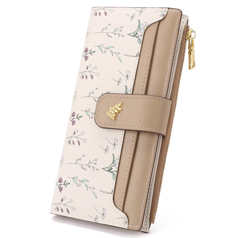 GAEKEAO Womens Wallet Slim Thin RFID Blocking Floral Vegan Leather Card Holder Bifold Long Ladies Wallet with Zipper Pocket - Image 1