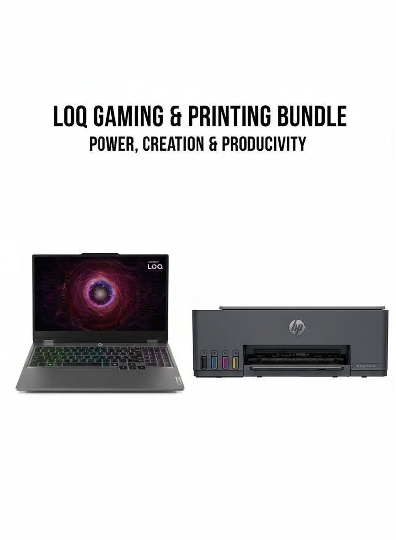 Lenovo LOQ 15ARP9 Laptop, AMD Ryzen 7 7435HS Processor, 15.6 Inch FHD Display, 512 GB SSD, 12 GB RAM DDR5, NVIDIA GeForce RTX 4050 GDDR6 6 GB Graphics, Win11, 83JC00H2ED Luna Grey & Smart Tank 581 Wireless All In One Printer, Print, Scan, Copy, Print up to 6000 black or 6000 color pages - [4A8D4A] Grey/BlackBundle - Image 1