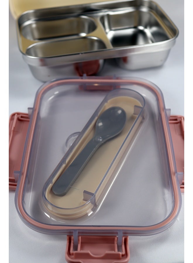 توشيونيكس صندوق غداء كلاسيكي من الفولاذ المقاوم للصدأ سعة 1.8 لتر - صندوق وجبات بينتو بثلاثة أقسام وملعقة وفتحة أدوات مائدة مدمجة في الغطاء - آمن للاستخدام في الفريزر وغسالة الأطباق والميكروويف، مانع للتسرب ومحكم الإغلاق مع ثلاثة أقسام، خالٍ من مادة BPA، خفيف الوزن، حاوية طعام متينة للبالغين والأطفال - للمنزل والمكتب والمدرسة وحضانة الأطفال والسفر - 21 × 14 × 6 سم - Image 3