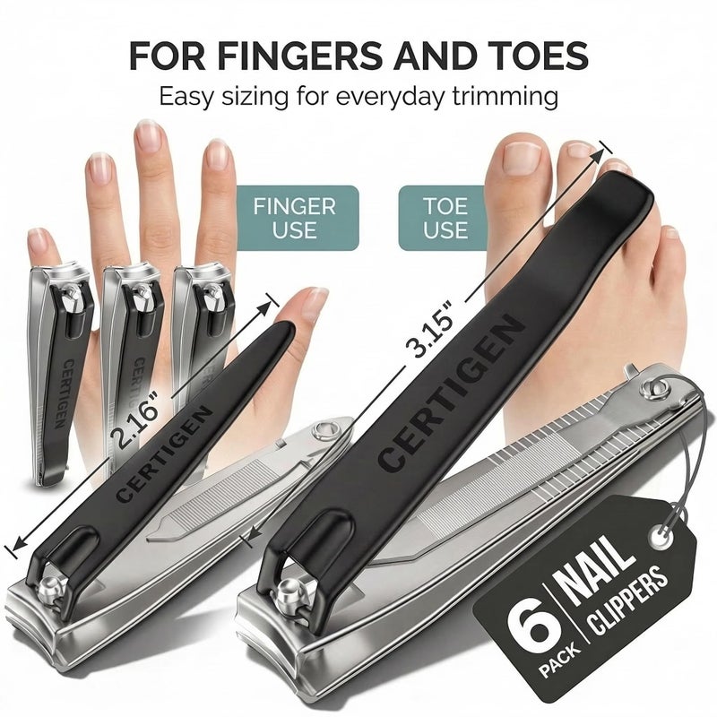 CERTIGEN Nail Clippers Set 6 -Pack - Includes Toenail Clippers, Fingernail Clipper, and Finger Nail Clippers for Men and Women Adult, Toe Nail and Fingernail Clipper Kit - Image 2