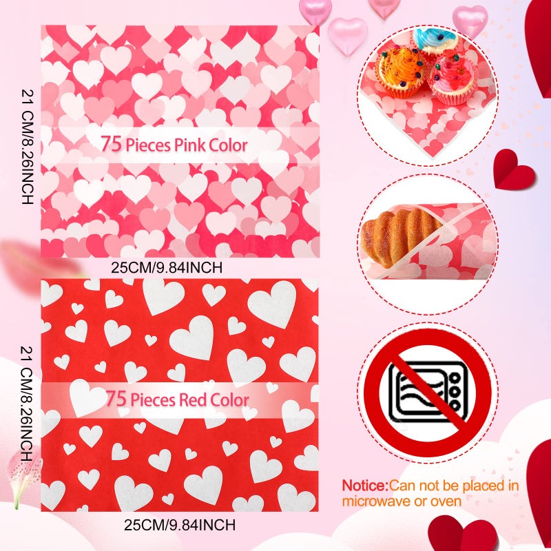 Eersida 150 Pieces Valentine's Day Wax Heart Love Pattern Food Wrap Paper Sandwich Wrapping Paper for Valentine's Day Chocolate Candy Cookies Baking Food Basket Liner Baking Wedding Party Supplies - Image 2