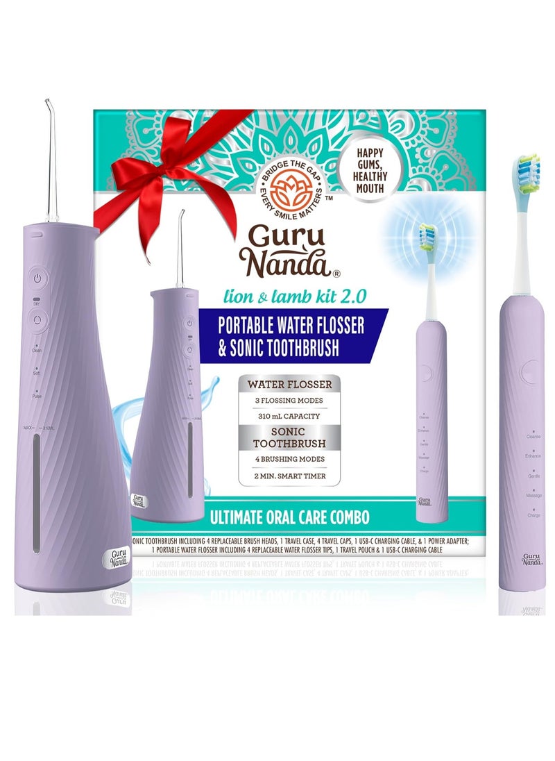 GuruNanda - GuruNanda Lion & Lamb Kit 2.0, Electric Toothbrush with Water Flosser Combo, 4 Jet Tips, 4 Brush Heads, & IPX7 Waterproof Design for Complete Oral Care, Lavender - Image 1