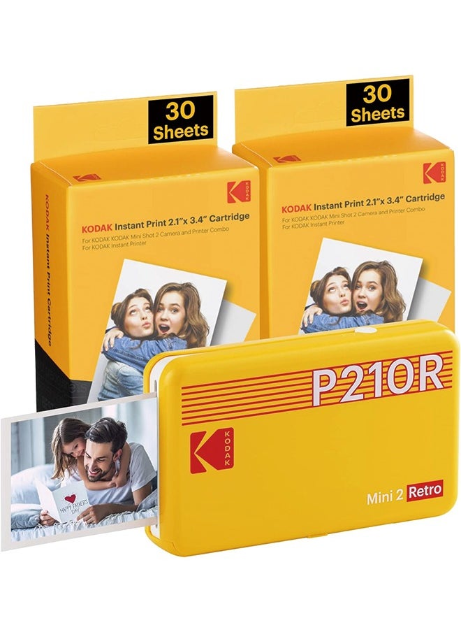 كوداك - طابعة صور محمولة KODAK Mini 2 Retro 4PASS (2.1x3.4 بوصة) 8 أوراق أولية + 60 ورقة، أصفر - Image 1