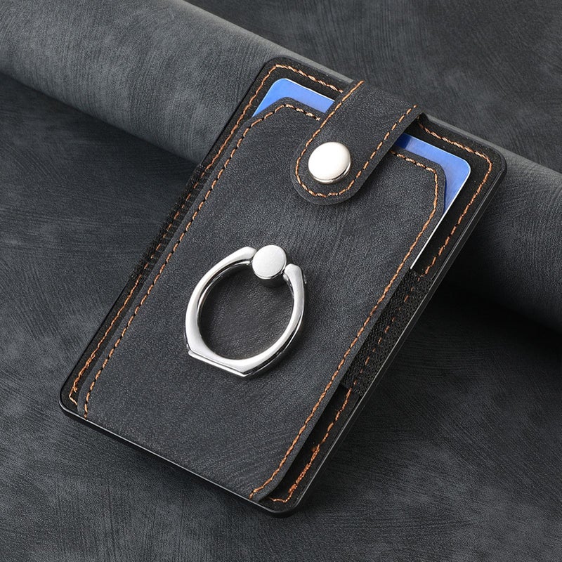 Vintage Solid Color Storage Bracket Card Holder Card Holder Back Adhesive Phone Bag Multi-Insert Card Skin-Feeling Plain Leather PU Ring Card Holder Black 