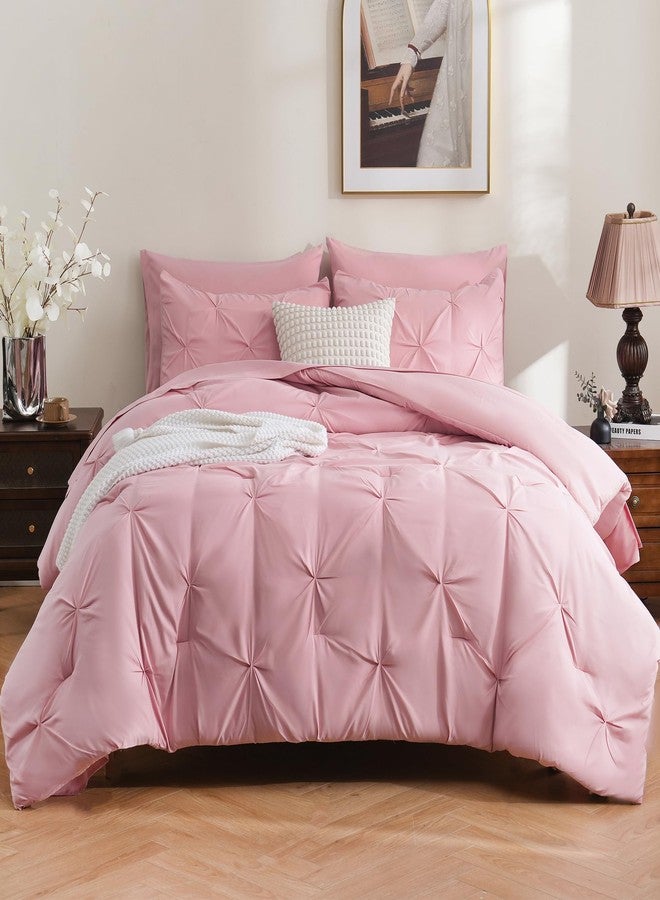 DOWNCOOL Pink Full Size Comforter Sets - 7 Pieces Pintuck Bed in A Bag Full, Pinch Pleat Full Bed Set,All Season Bedding Comforter Sets with Comforter, Flat Sheet, Fitted Sheet, Pillowcases & Shams - Image 2