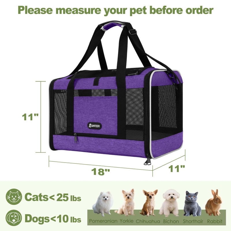 GAPZER Per Carrier for Cat 18x11x11 Inch FAA Complaint, Kitten Taxi Top Load Soft Cloth Bag, Small Animal Portable in Cabin Crate Shih Tzu Dog Kennel Carry Case, 4-Sided-Ventilated Kitty Purse Purple - Image 2