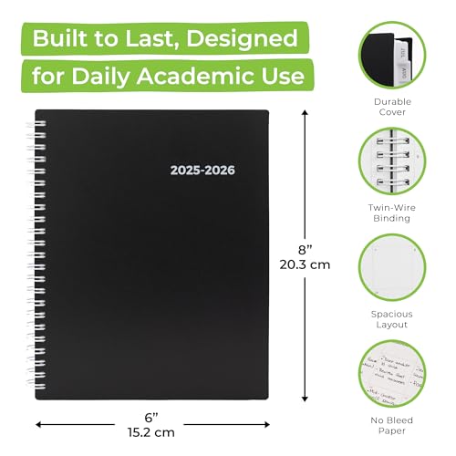WallDeca Academic Planner 2025-2026, Daily, Weekly & Monthly Planner, July 2025 - June 2026, Student Notes Pages, Twin-Wire Binding Day and Weekly Agenda for School & Work (8 x 6-Inches, Black) - Image 2