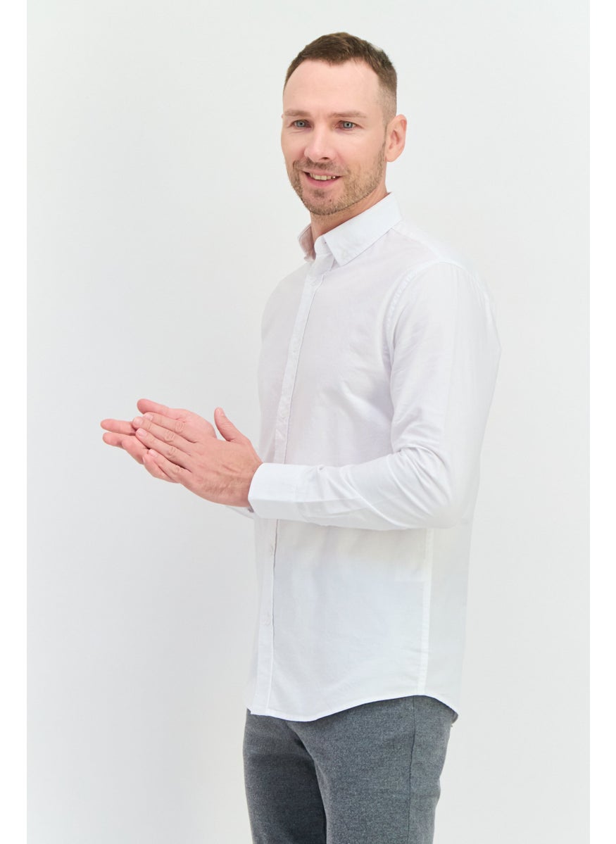 Algspar - Men Regular Fit Solid Long Sleeves Casual Shirt, White - Image 1