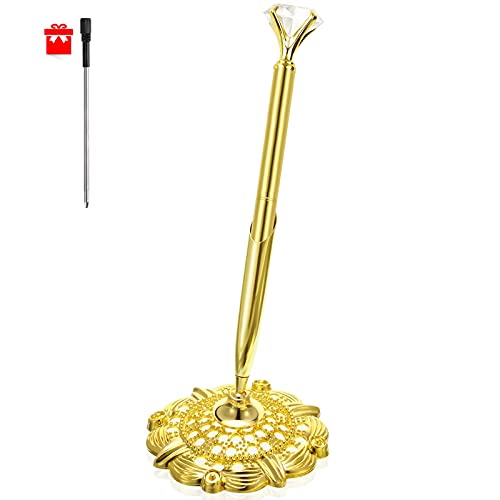 RUTICH Hollow Round Pen Holder Signing Pen Set with Big Diamond Crystal Pen for Wedding Bridal Opening Ceremony Graduation Office, Golden(Black Ink) - Image 1