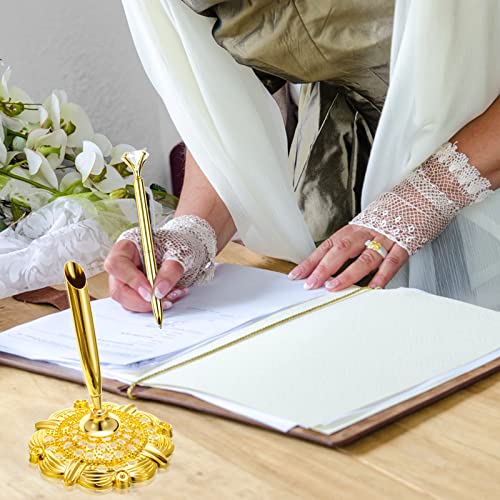 RUTICH Hollow Round Pen Holder Signing Pen Set with Big Diamond Crystal Pen for Wedding Bridal Opening Ceremony Graduation Office, Golden(Black Ink) - Image 4