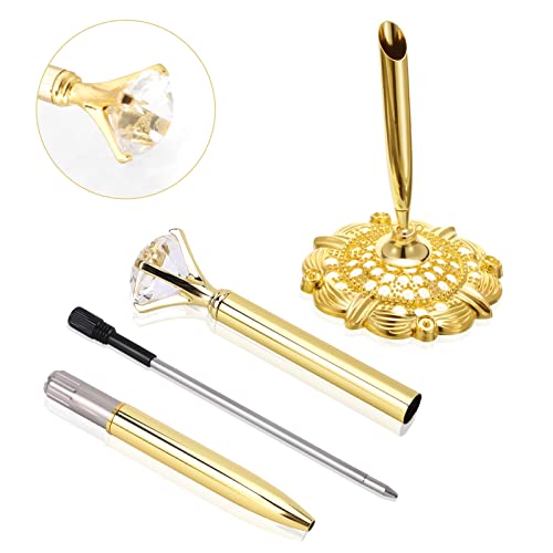 RUTICH Hollow Round Pen Holder Signing Pen Set with Big Diamond Crystal Pen for Wedding Bridal Opening Ceremony Graduation Office, Golden(Black Ink) - Image 3