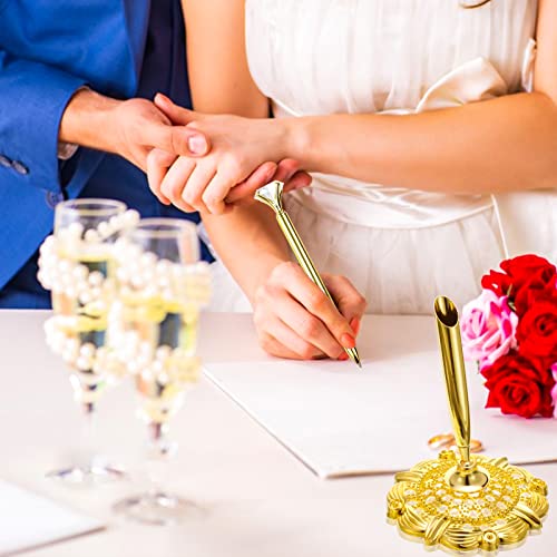RUTICH Hollow Round Pen Holder Signing Pen Set with Big Diamond Crystal Pen for Wedding Bridal Opening Ceremony Graduation Office, Golden(Black Ink) - Image 5