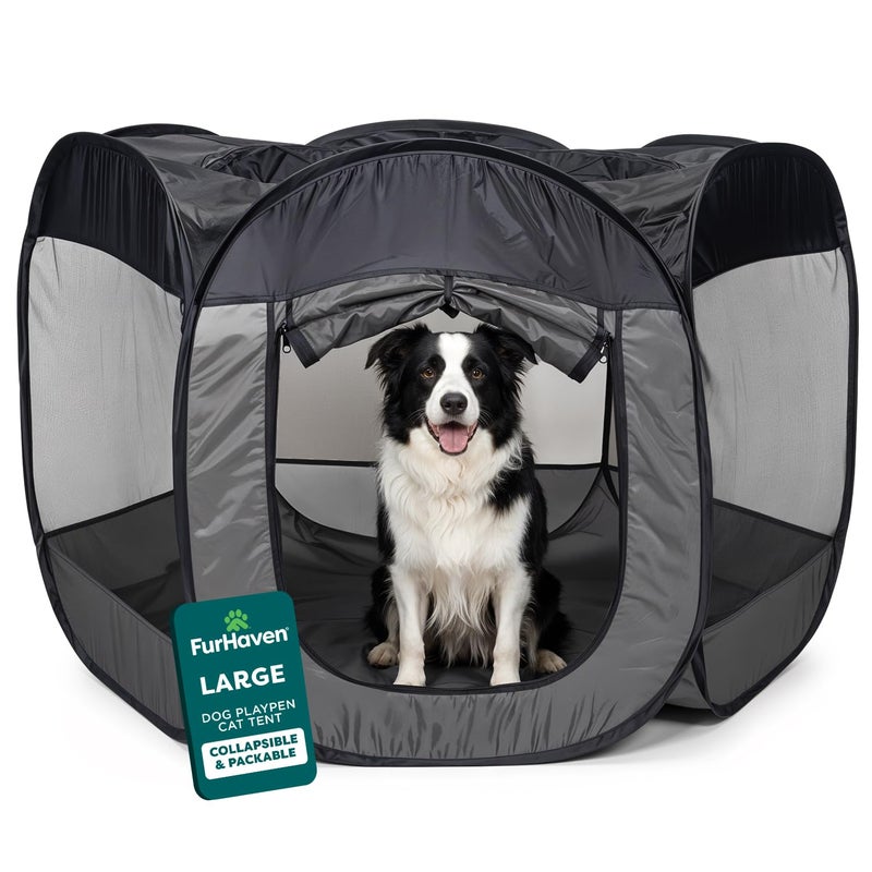 FurHaven SoftSided Dog Cat Playpen Portable Foldable Indoor Outdoor Pet Playpen with Mesh Windows Zippered Door Gray Large - Image 2
