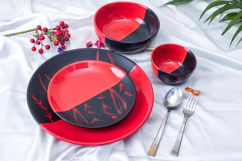 Caffeine Ceramic Handmade Stoneware Red & Black Combo Dinner Set (15 pcs. Microwave & Dishwasher Safe) - Image 1